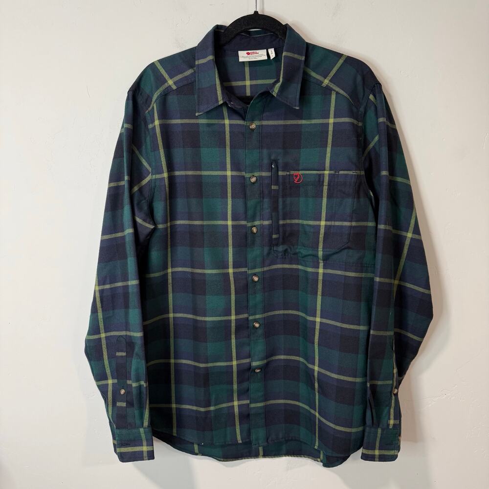 Fjallraven Men's Fjallglim‎ Shirt Flannel Plaid Button Down Green Blue Large
